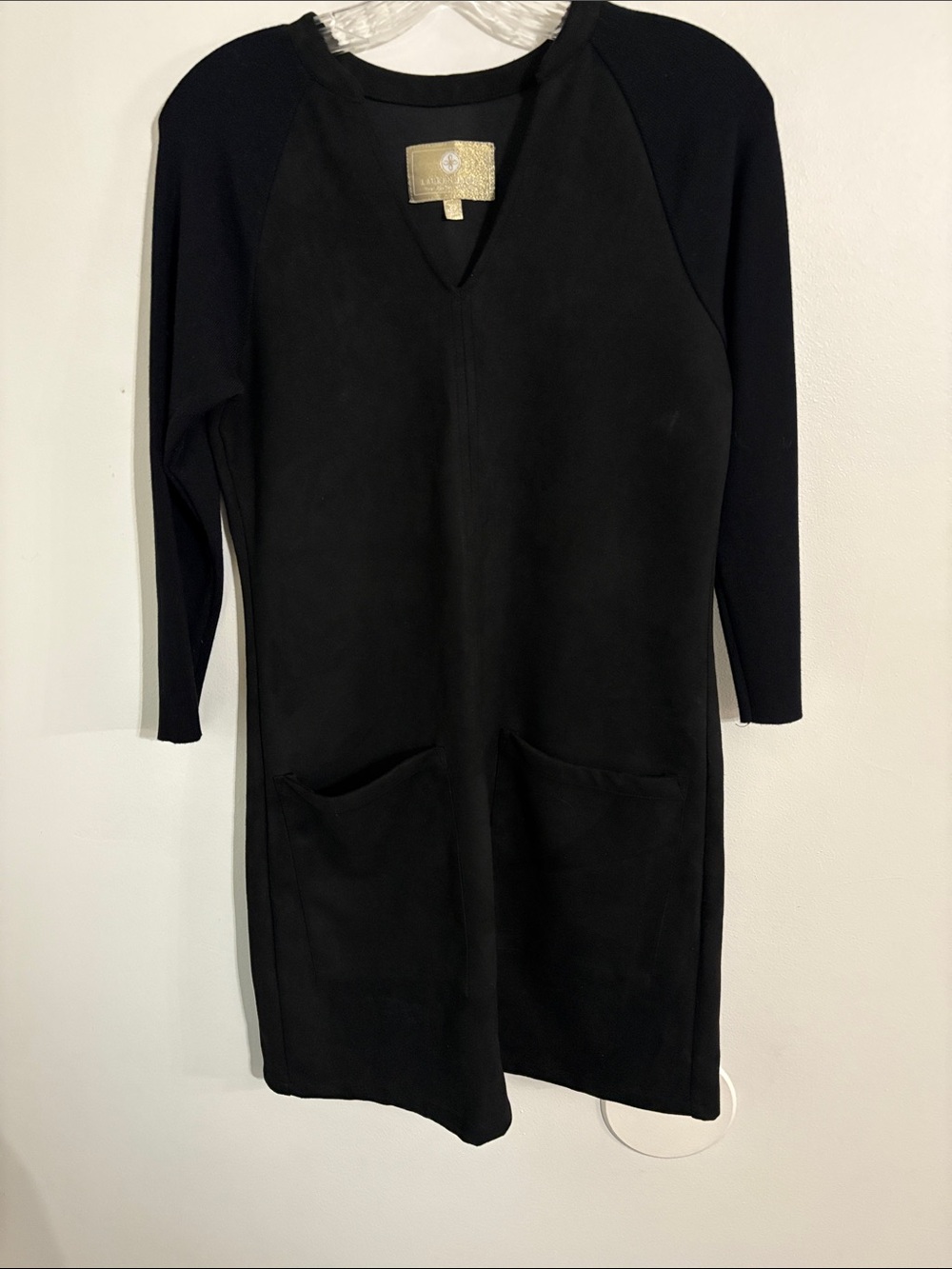 Lauren James Black River Shift Dress XS Faux Suede Patch Pocket Long Sleeve EUC
